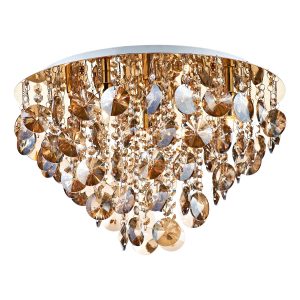 Jester gold finish 5 light flush ceiling light with amber crystal on white background