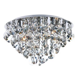 Jester polished chrome 5 light flush ceiling light with clear crystal on white background