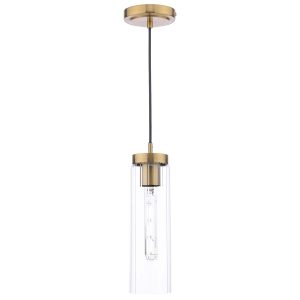 Jodelle single pendant light in polished bronze with clear ribbed glass, on white background lit