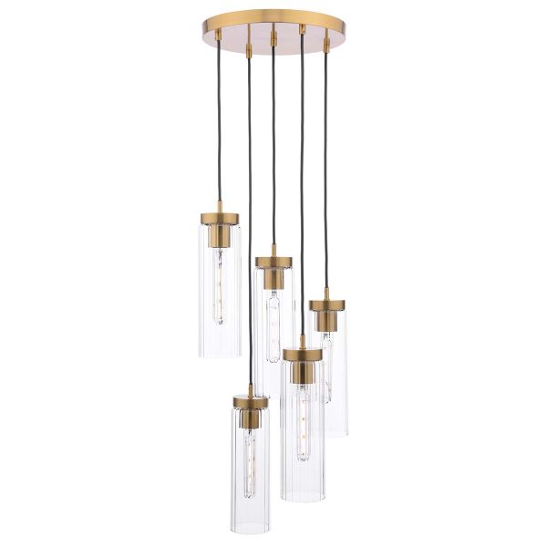Jodelle 5 light cluster pendant in polished bronze with clear ribbed glass shades, on white background lit