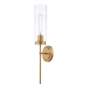Jodelle single wall light in polished bronze with clear ribbed glass shade, on white background lit