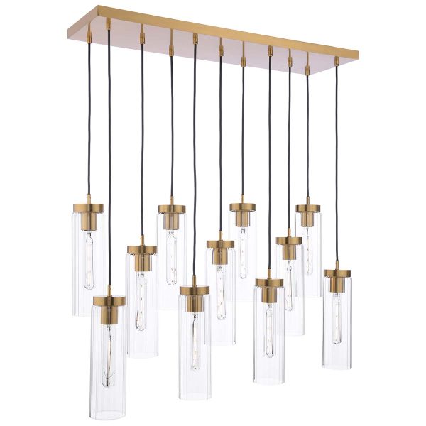 Jodelle 11 light bar pendant in polished bronze with clear ribbed glass shades, on white background lit