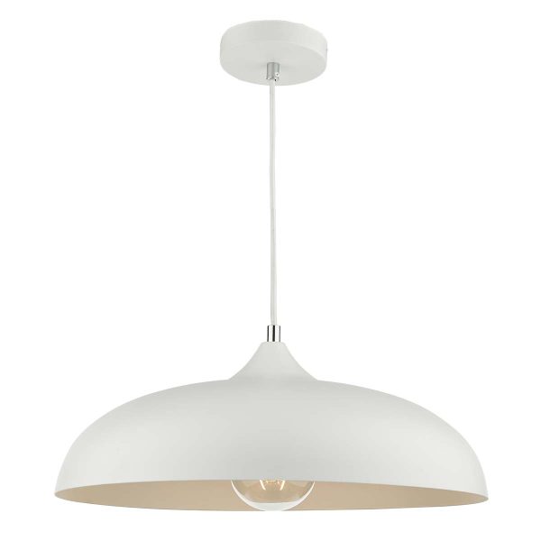 Kaelan single light pendant in classic matt white with white inner, on white background lit