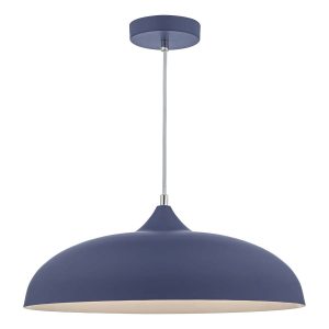 Kaelan single light pendant in classic matt blue with white inner, on white background lit