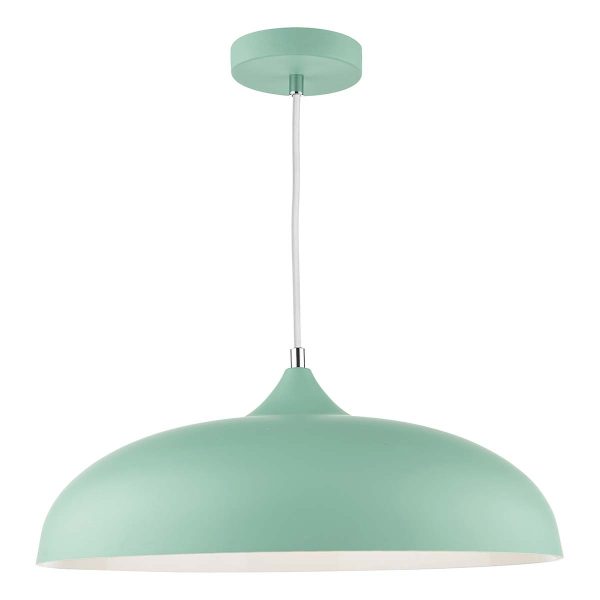 Dar Kaelan single light pendant in cool matt pale green with white inner, on white background lit