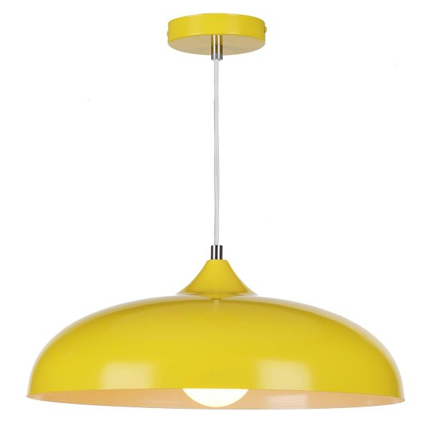 Kaelan single light pendant in vibrant gloss yellow with white inner, on white background lit