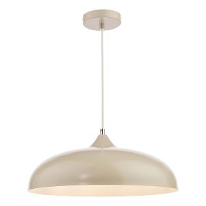 Kaelan single light pendant in neutral gloss taupe with white inner, on white background lit