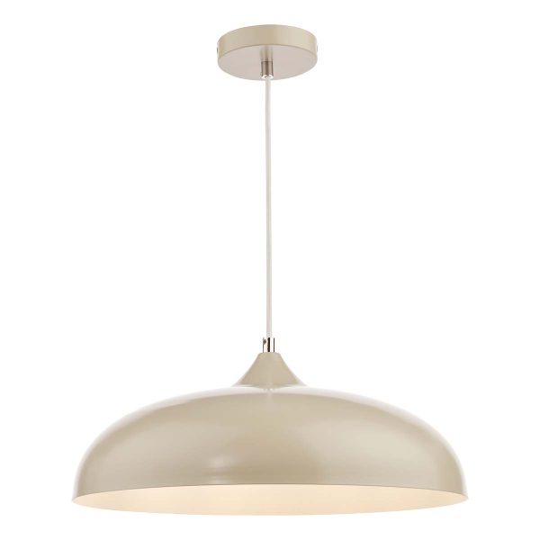 Kaelan single light pendant in neutral gloss taupe with white inner, on white background lit