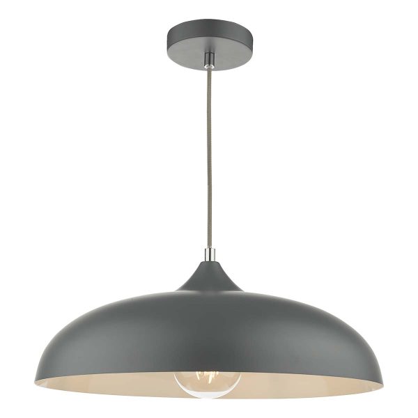 Kaelan single light pendant in bold matt graphite with white inner, on white background lit