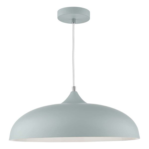 Kaelan single light pendant in soft matt grey with white inner, on white background lit