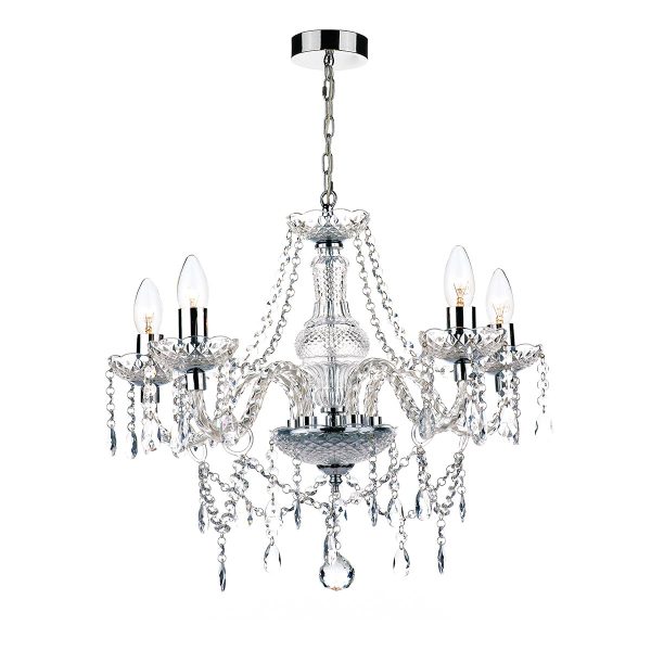 Katie chrome 5 light dual mount chandelier with acrylic glass on white background