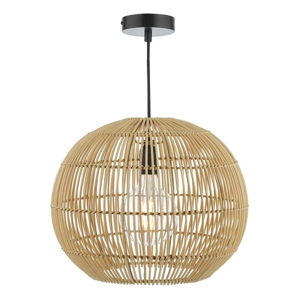 Kesler natural rattan ceiling pendant with matt black metalwork, on white background lit