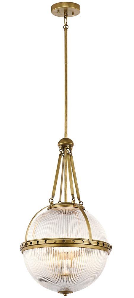 Kichler Aster 3 Light Ceiling Pendant Natural Brass Ribbed Glass Orb
