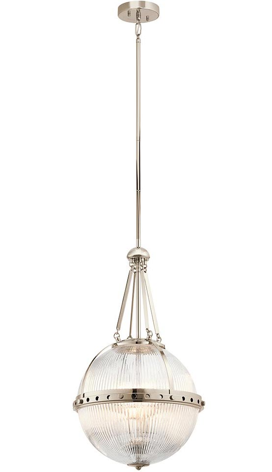 Kichler Aster 3 Light Ceiling Pendant Polished Nickel Ribbed Glass Orb