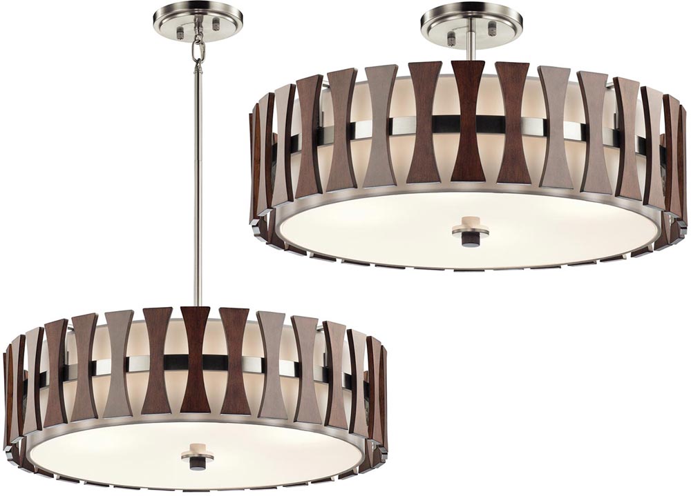 Kichler Cirus 4 Light Pendant Semi Flush Wood White Fabric Shade - Wooden Semi Flush Ceiling Lights Uk