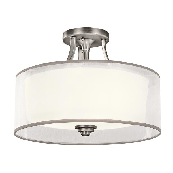 Kichler Lacey small 3 lamp semi flush ceiling light in antique pewter with organza fabric shade