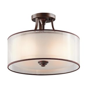 Kichler Lacey small 3 lamp semi flush ceiling light in mission bronze with organza fabric shade