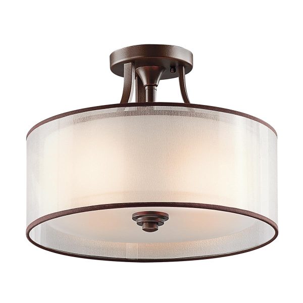 Kichler Lacey small 3 lamp semi flush ceiling light in mission bronze with organza fabric shade