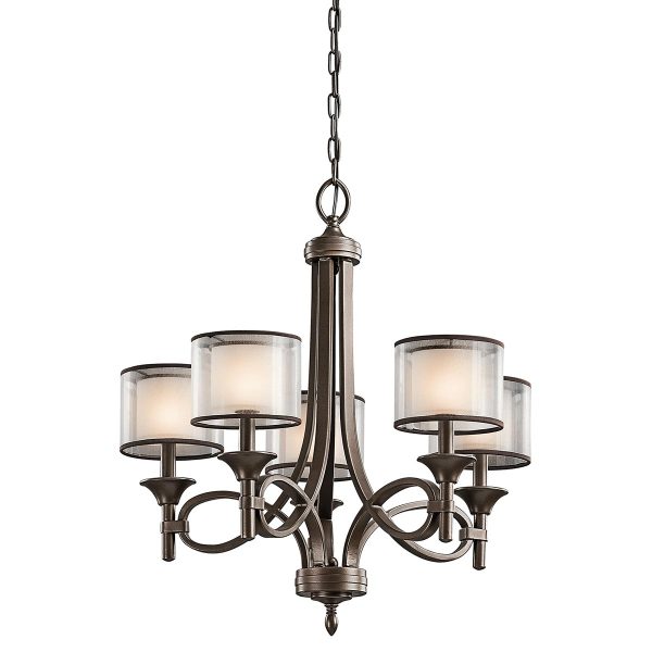 Kichler Lacey 5 light chandelier in mission bronze with organza fabric shades