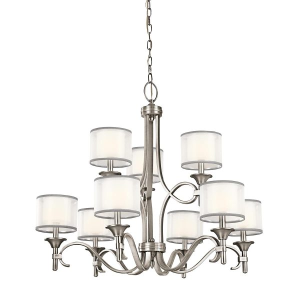 Kichler Lacey large 9 light chandelier in antique pewter with organza fabric shades