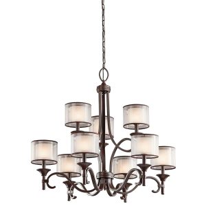 Kichler Lacey large 9 light chandelier in mission bronze with organza fabric shades
