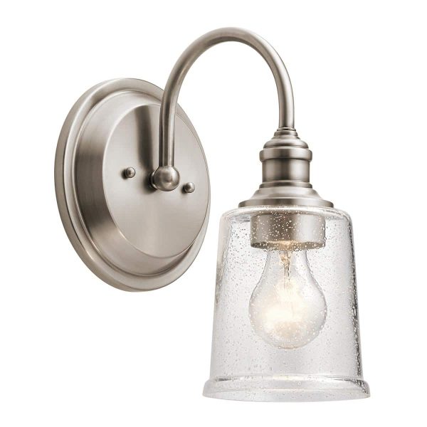 Kichler Waverly classic pewter single wall light in classic pewter with seeded glass shade down