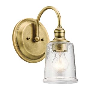 Kichler Waverly natural brass single wall light in classic pewter with seeded glass shade down