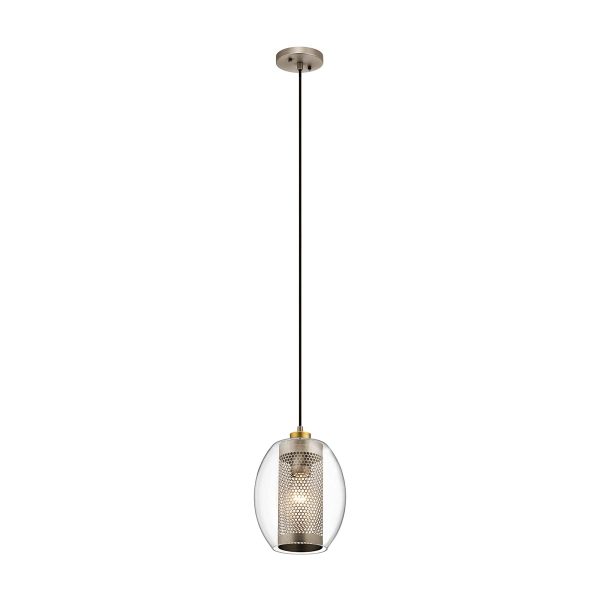 Kichler Asher antique pewter 1 light mini pendant with mesh shade, full height on white background.