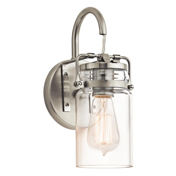 Kichler Brinley single wall light in brushed nickel on white background.