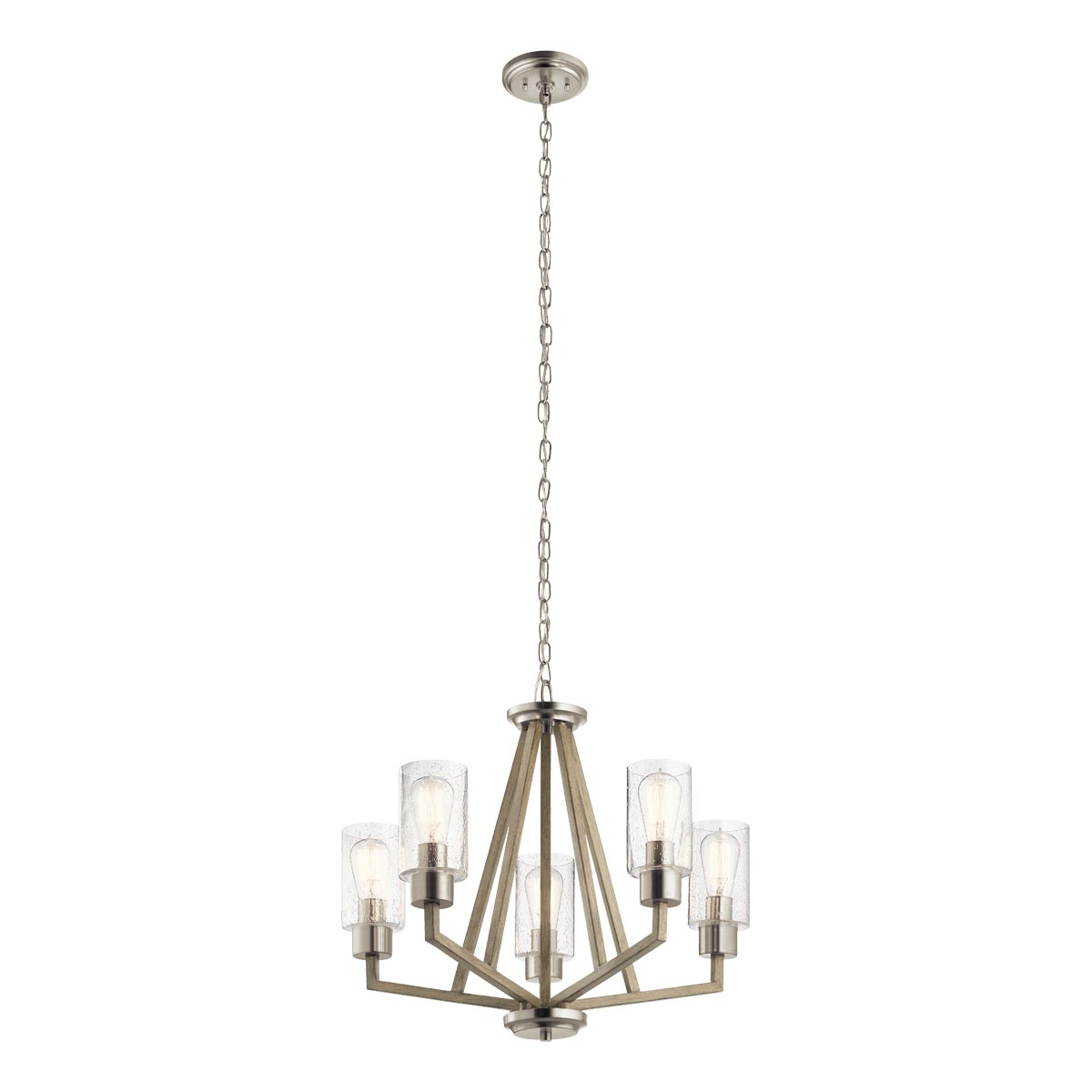 Kichler Deryn 5 light chandelier in distressed antique grey finish, full height on white background.