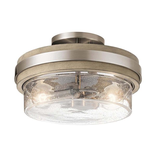 Kichler Grand Bank 2 light semi flush ceiling light in distressed antique grey on white background.