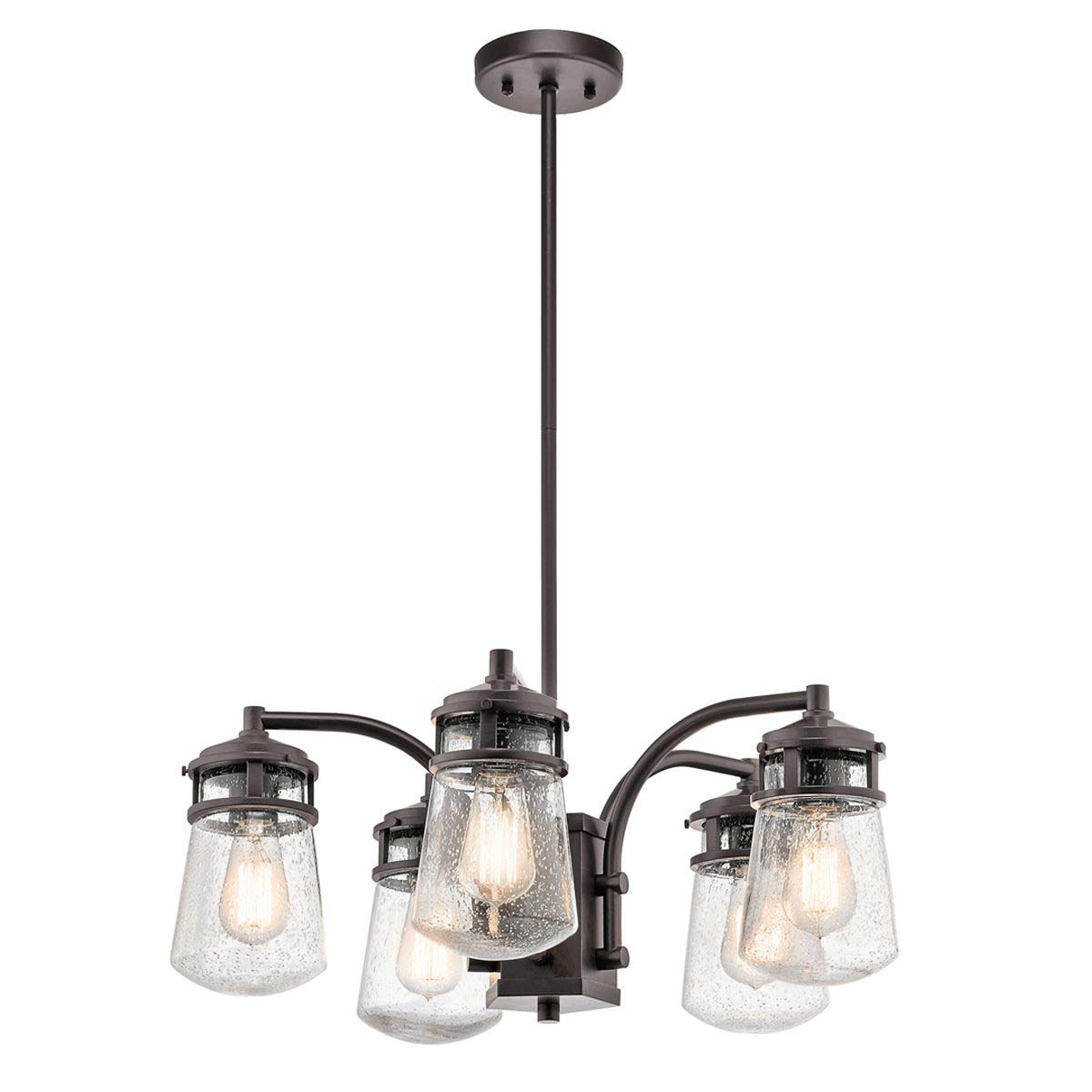 Lyndon 5 light outdoor chandelier in architectural bronze with seeded glass shades, full height on a white background.