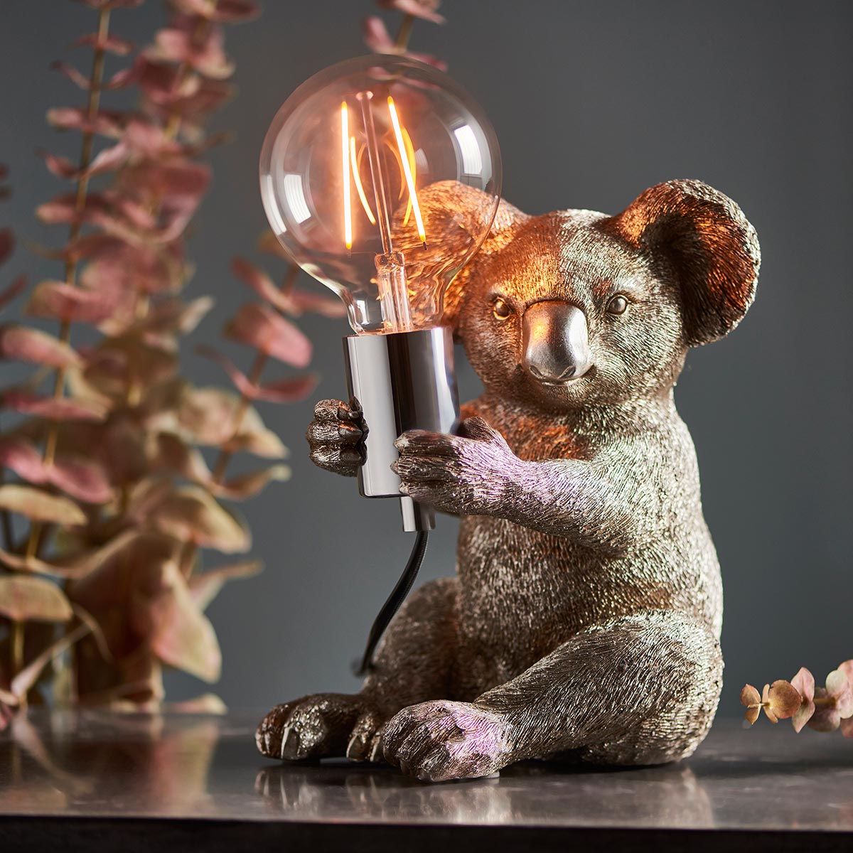 Koala 1 Light Detailed Resin Animal Table Lamp Vintage Silver Finish