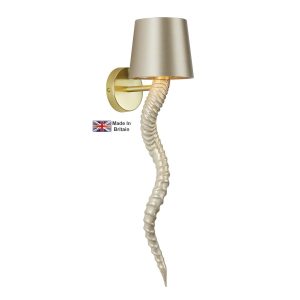 Kudu handmade single wall light in cream and gold on white background lit