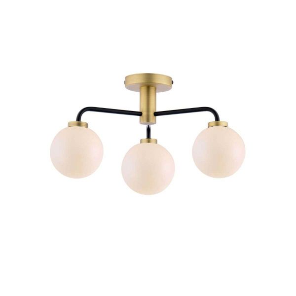 Lainey 3 light semi flush ceiling light in antique brass with opal glass shades, on white background lit