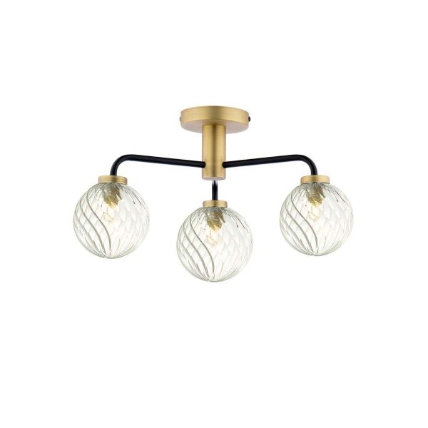 Lainey 3 light semi flush ceiling light in antique brass with twisted glass shades, on white background lit
