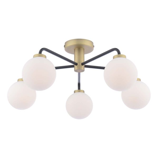 Lainey 5 light semi flush ceiling light in antique brass with opal glass shades, on white background lit