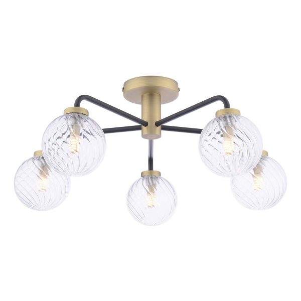 Lainey 5 light semi flush ceiling light in antique brass with twisted glass shades, on white background lit
