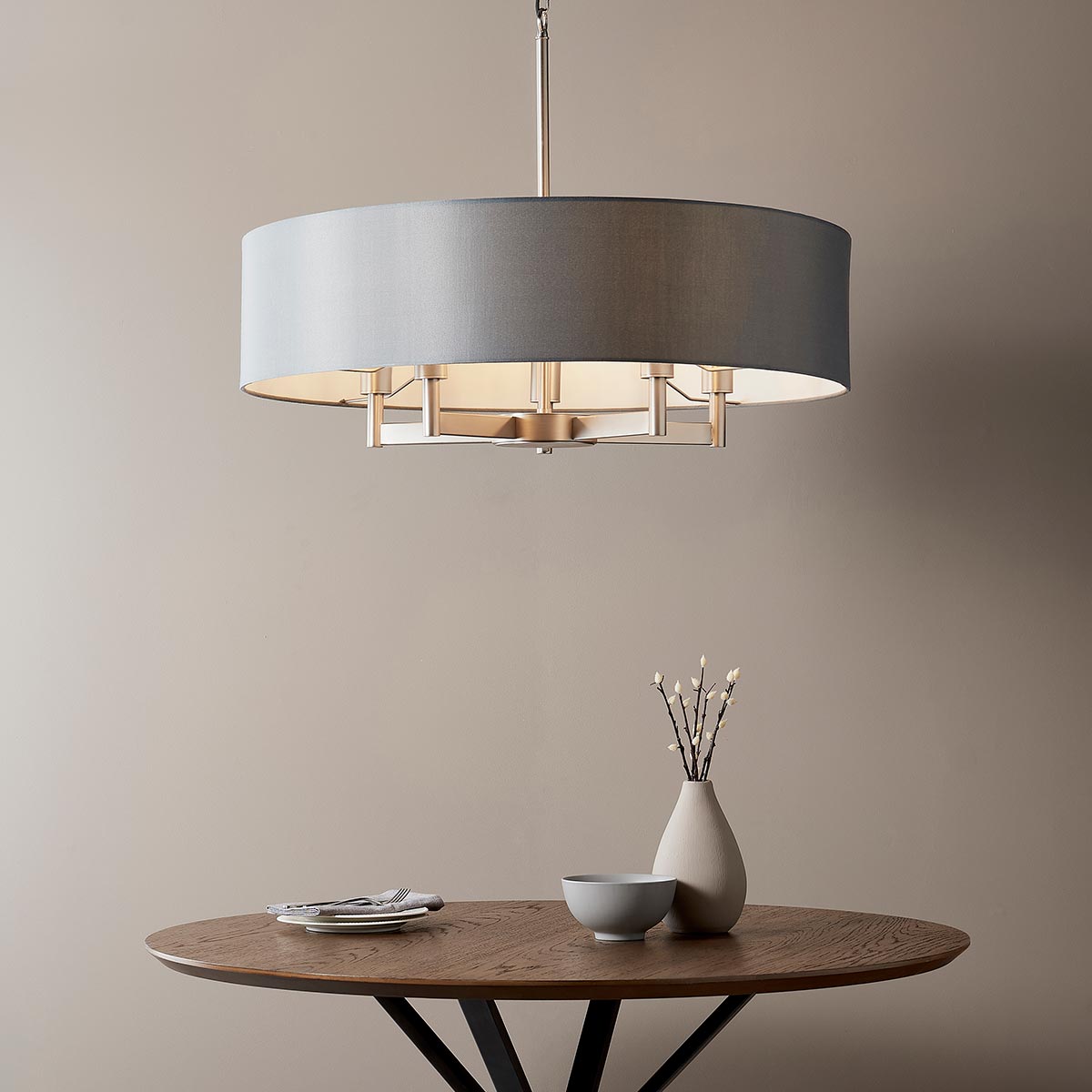 Large Contemporary 5 Arm Pendant Ceiling Light Matt Nickel Grey Shade