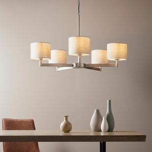 Large contemporary 5 light chandelier in matt nickel with taupe shades main image