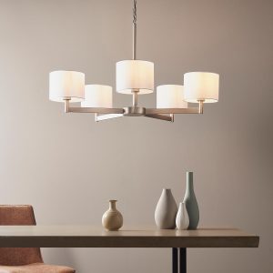Large contemporary 5 light chandelier in matt nickel with white shades main image