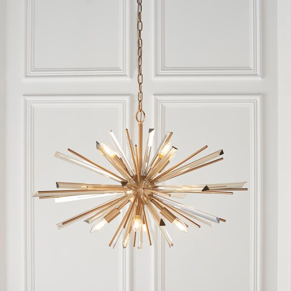 Large modern 8 light starburst ceiling pendant in antique brass with champagne glass main image