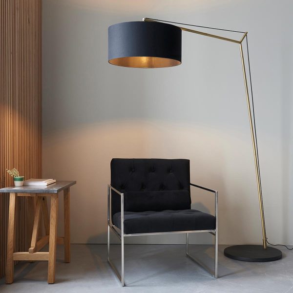 Large matt black and brass 1 light architectural floor lamp with black shade main image