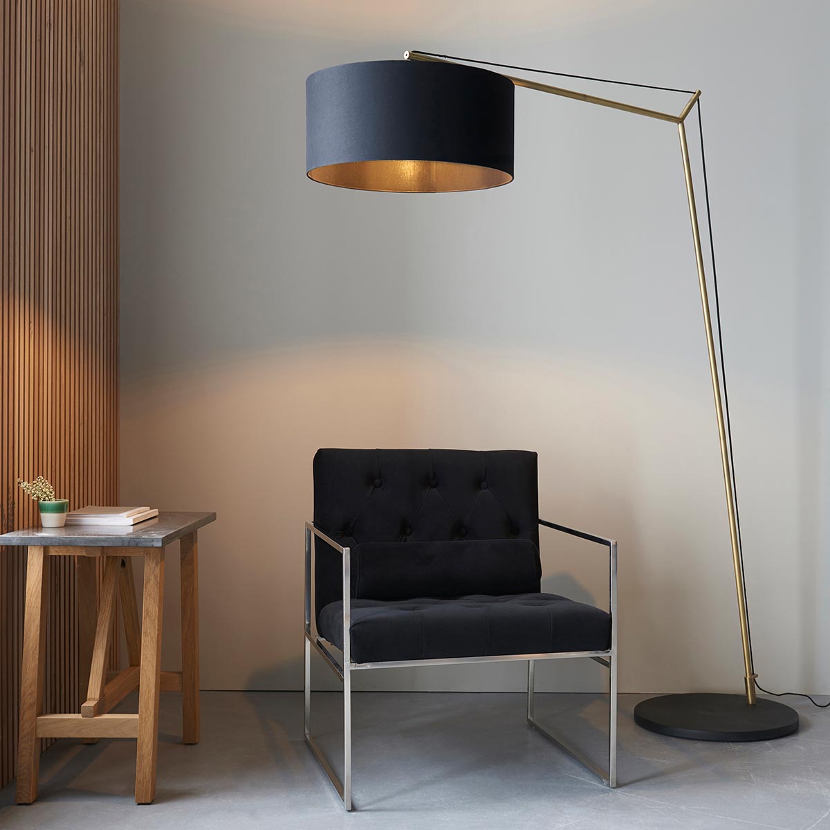 Large Matt Black & Brass 1 Light Architectural Floor Lamp Black Shade