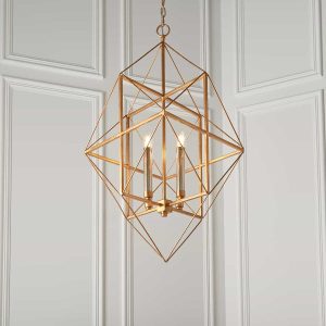 Large Art Deco style 4 light geometric ceiling pendant with gold and silver leaf insitu