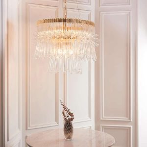 Large polished gold plated 9 light luxury chandelier with clear glass rods main image