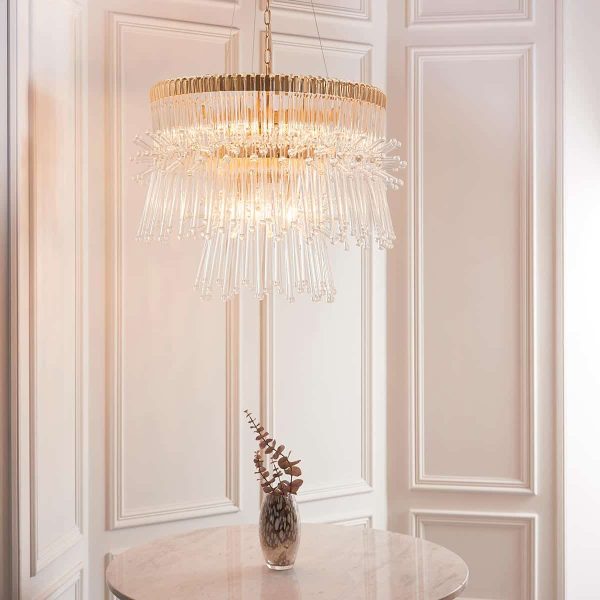 Large polished gold plated 9 light luxury chandelier with clear glass rods main image