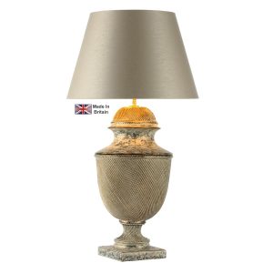 Lattice classic urn table lamp base only in cream and gold on white background lit