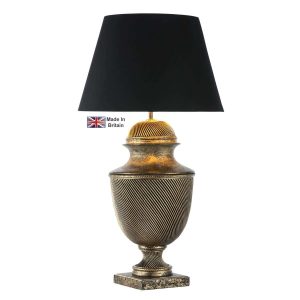 Lattice classic urn table lamp base only in black and gold on white background lit
