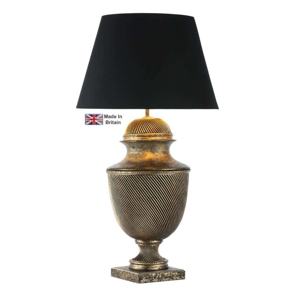 Lattice classic urn table lamp base only in black and gold on white background lit